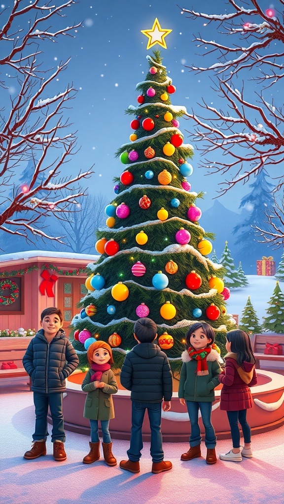 Zepeto outdoor Christmas scene with a decorated tree, snowy ground, and avatars celebrating.